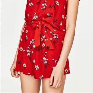 Zara red floras high wast paper bag shorts